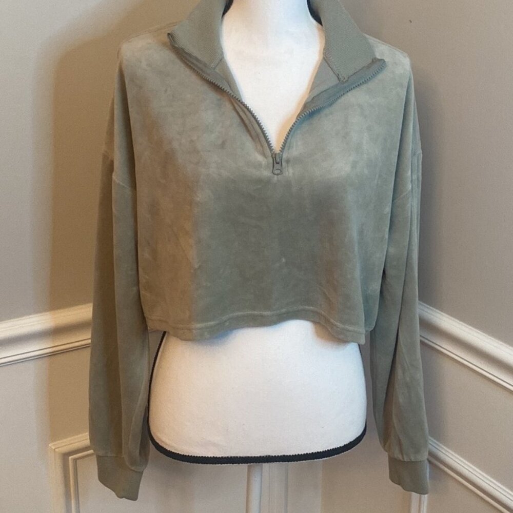 Forever 21 quarter zip cropped fleece sweatshirt olive green size large